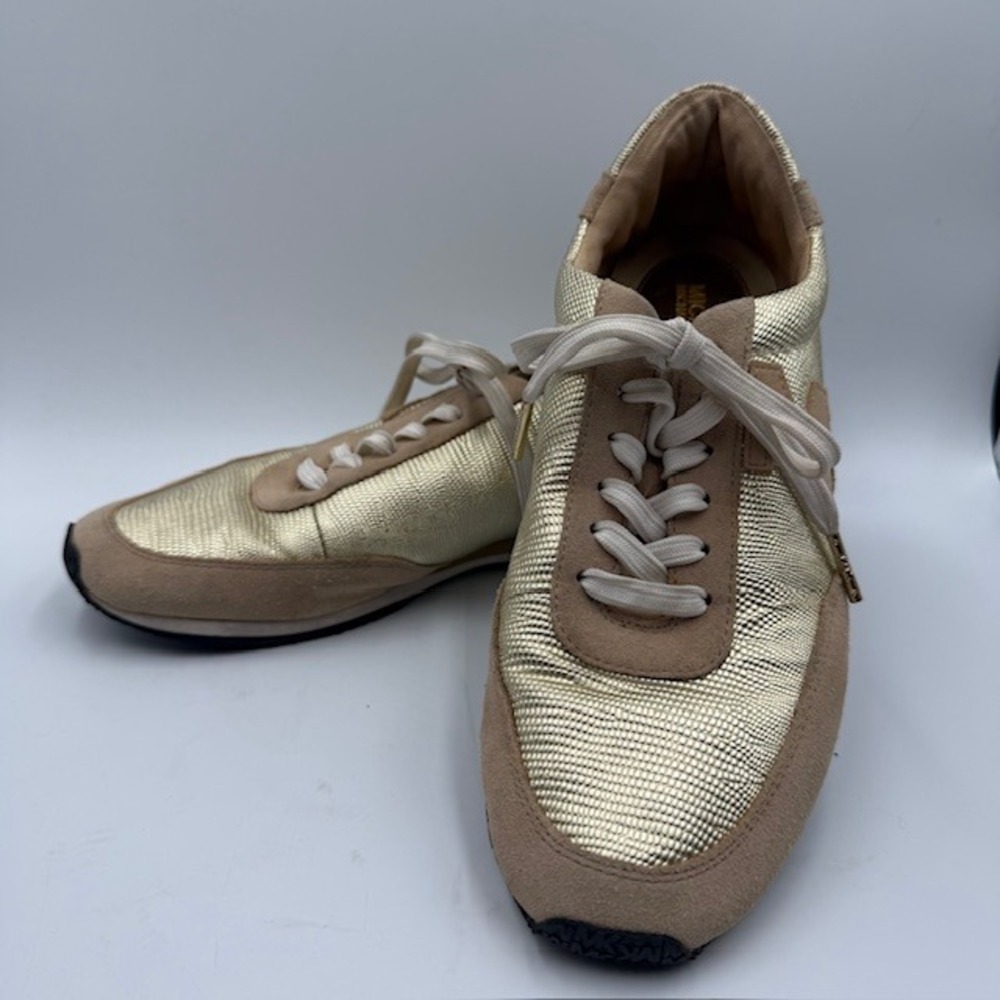 Michael Kors Allie Gold Metallic Tan Suede Trainer Sneaker‎ 9M Womens HJ15A